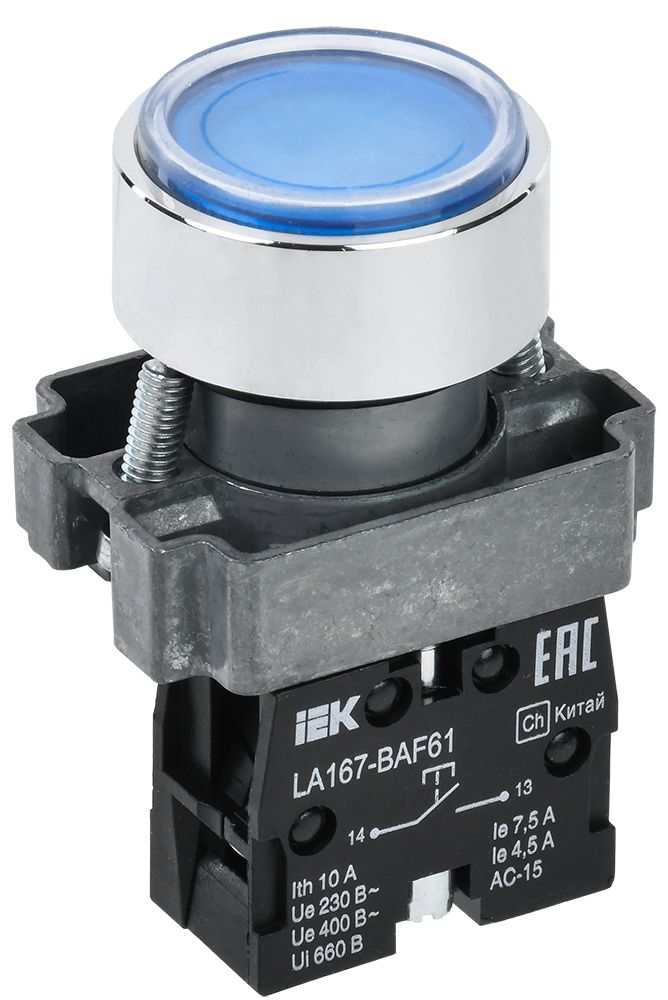 Кнопка управления LA167-BAF61 d=22мм 1NO синяя IEK (BBT20-BAF61-1-22-67-K07)
