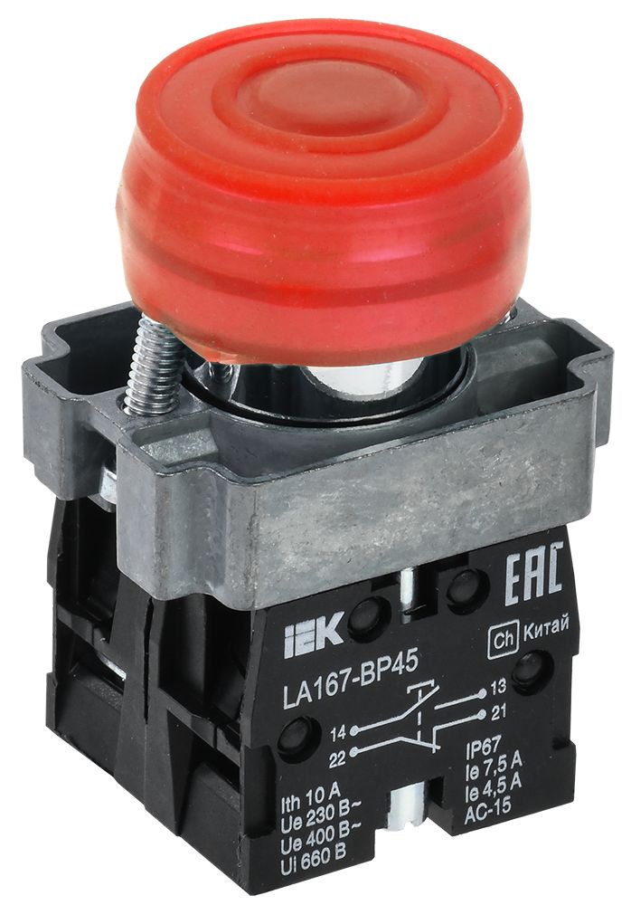Кнопка управления LA167-BP45 d=22мм 1NO+1NC красная IEK (BBT20-BP45-3-22-67-K04)