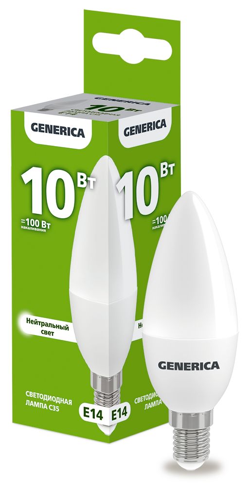 Лампа светодиодная C35 свеча 10Вт 230В 4000К E14 GENERICA (LL-C35-10-230-40-E14-G)