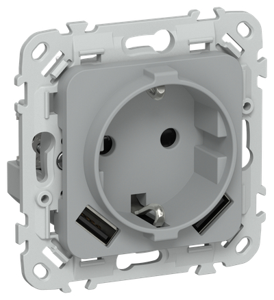 FLITE Розетка 1-местная с заземлением с защитными шторками 16А с USB A+A 3,1А РСЮша11-0-ФлС серый IEK