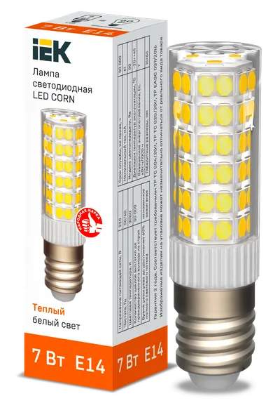 LED capsule lamp LED CORN capsule 7W 230V 3000K ceramics E14 IEK is a replacement for capsule halogen lamps of the corresponding base and is used both for basic lighting of residential and commercial premises, and for spot and accent lighting.