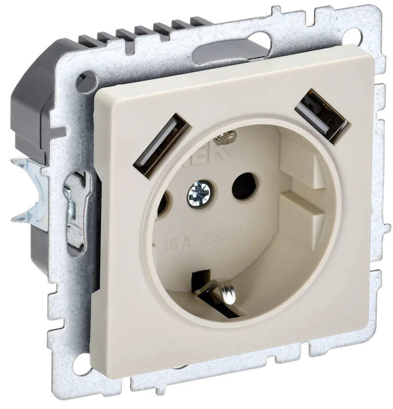BRITE Socket outlet 1-gang with earthing with protective shutters 16A with USB A+A 5V 2.1A PYush10-1-BrKr beige IEK