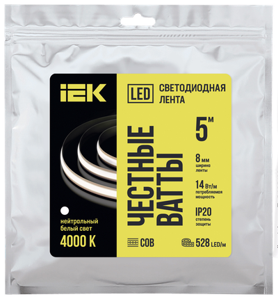 Лента светодиодная 5м COB 528LED/м freecut свободная резка 14Вт/м IP20 ширина 8мм 24В нейтральный белый IEK
