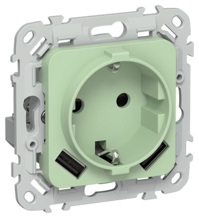 FLITE Розетка 1-местная с заземлением с защитными шторками 16А с USB A+A 3,1А РСЮша11-0-ФлФ фисташковый IEK