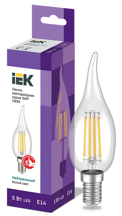 LED lamp CB35 light/wind 5W 230V 4000K E14 series 360° IEK with filamentous LED (filament thread) is one of the most efficient light sources.
The main difference from conventional LED lamps is the light dispersion angle of up to 360° (additional comfort for the eyes). The lamp is used in household lighting devices. Presented in 3 versions: with transparent, gilded and matte flasks.
Complies with the requirements of the Technical Regulations of the Customs Union TR TS 004/2011, TR TS 020/2011, IEC 62560 and Decree of the Government of the Russian Federation dated November 10, 2017 No. 1356.