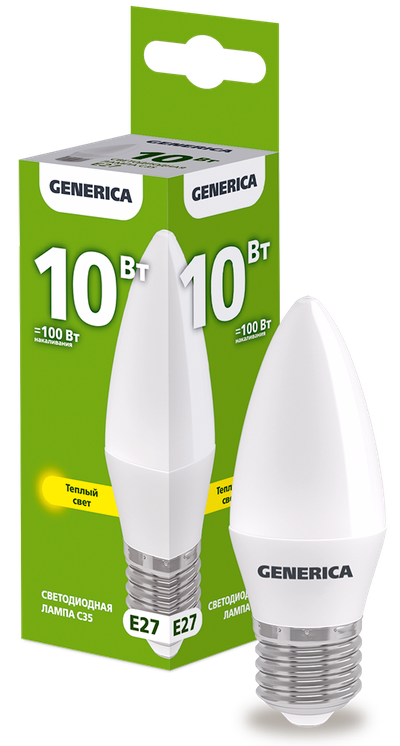 Лампа светодиодная C35 свеча 10Вт 230В 3000К E27 GENERICA