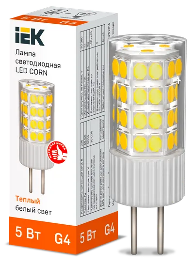 LED capsule lamp LED CORN capsule 5W 230V 3000K ceramics G4 IEK is a replacement for capsule halogen lamps of the corresponding base and is used both for basic lighting of residential and commercial premises, and for spot and accent lighting.