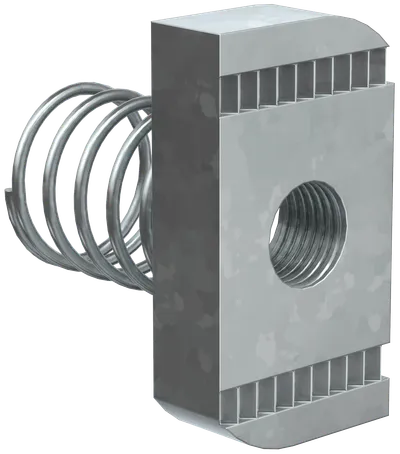 Гайка канальная с пружиной предназначена для крепления элементов STRUT-системы между собой, а также кабельных лотков к STRUT-консолям.
Используется с профилем сечения 41х21.