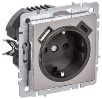 BRITE Розетка 1-местная с заземлением с защитными шторками 16А с USB A+C 18Вт РЮш11-1-БрГН металл хром/никель IEK