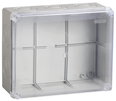 Коробка распаячная КМ41277 для открытой проводки безгалогенная (HF) 240х195х165мм с прозрачной крышкой IP44 5 вводов RAL 7035 IEK