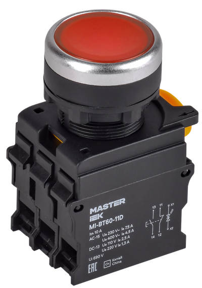 Кнопка с подсветкой d=22мм 1NO+1NC красная MASTER IEK