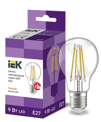 LED lamp A60 ball transparent. 9W 230V 3000K E27 series 360° IEK with filament LED (filament) is one of the most efficient light sources.
The main difference from conventional LED lamps is the light dispersion angle of up to 360° (additional comfort for the eyes). The lamp is used in household lighting devices. Presented in 3 versions: with transparent, gilded and matte flasks.
Complies with the requirements of the Technical Regulations of the Customs Union TR TS 004/2011, TR TS 020/2011, IEC 62560 and Decree of the Government of the Russian Federation dated November 10, 2017 No. 1356.