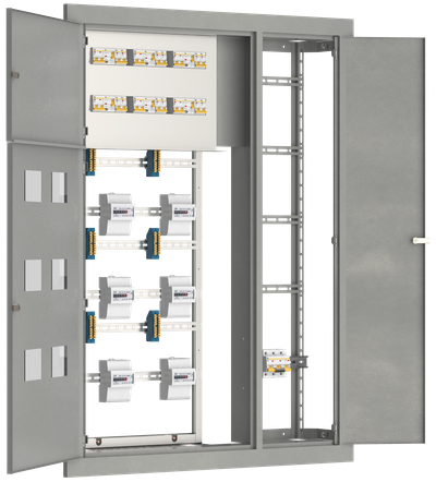 Щит этажный ЩЭ-3405 УХЛ3 с отделением для слаботочных устройств 4 квартиры выключатель автоматический вводной 3Р 100А отходящие на каждую квартиру УЗО 2Р 1х50А 30мА выключатели автоматические 2Р 1х40А 1Р 2х16А 1х32А IEK