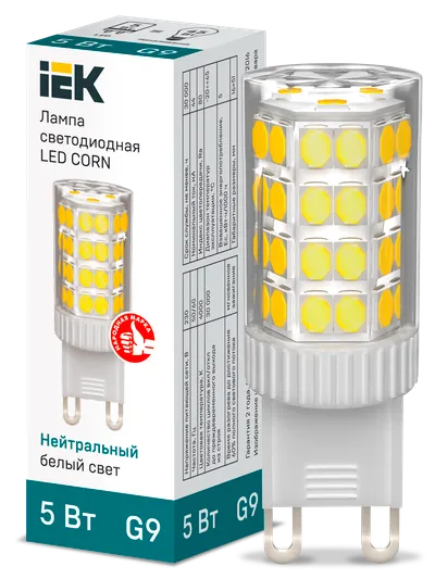 Светодиодная капсульная лампа LED CORN капсула 5Вт 230В 4000К керамика G9 IEK является заменой капсульных галогенных ламп соответствующего цоколя и используются как для основного освещения жилых и коммерческих помещений, так и для точечной и акцентной подсветки.