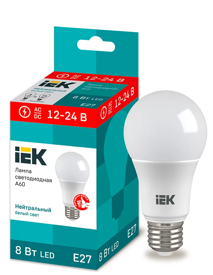LED lamp A60 pear 8W 12-24V 4000K E27 IEK