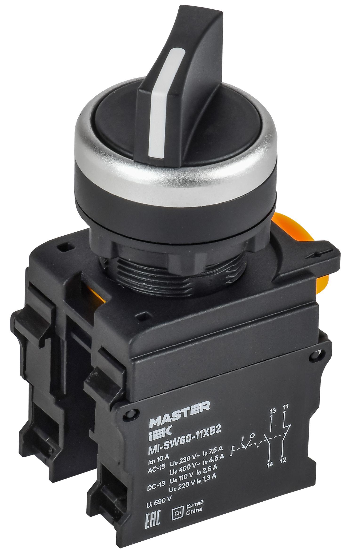 Переключатель длинная ручка на 2 положения 1NO+1NC чёрный MASTER IEK (MI-SW60-11XB2-3-25-2-K02)
