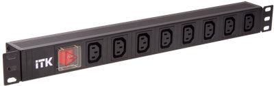 ITK PDU 8 розеток C13 с LED выключателем,1U, вх. С14, без шнура, алюминиевый профиль