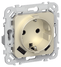 FLITE Розетка 1-местная с заземлением с защитными шторками 16А с USB A+C 20Вт РСЮшс11-0-ФлШ шампань IEK