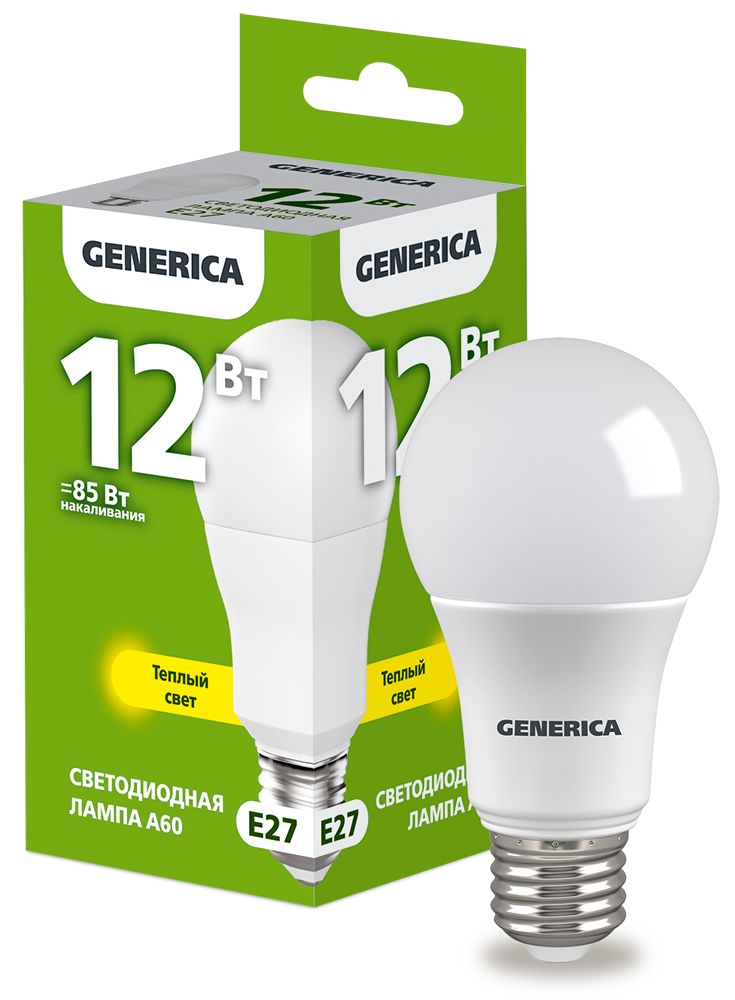 Лампа светодиодная A60 груша 12Вт 230В 3000К E27 GENERICA (LL-A60-12-230-30-E27-G)
