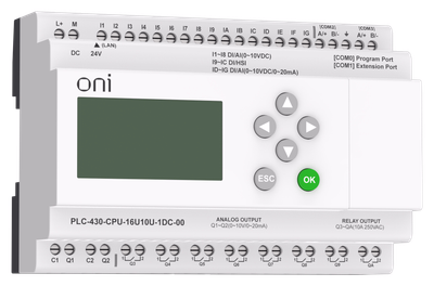PLC 430 CPU module 4 DI 12 UI (0-10V/DI) 8 RO 2 AO (1 pcs 0-10 V and 1 pcs 0-20 mA) 220V AC with ONI screen