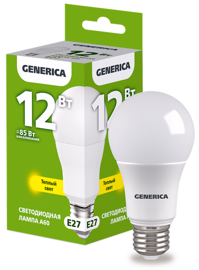 Лампа светодиодная A60 груша 12Вт 230В 3000К E27 GENERICA