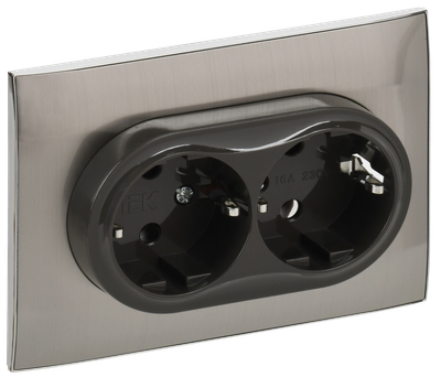 SKANDY Розетка 2-местная с заземлением без защитных шторок 16А в сборе SK-R08N металл никель IEK