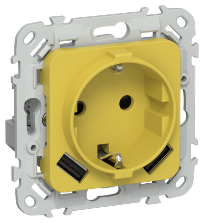 FLITE Розетка 1-местная с заземлением с защитными шторками 16А с USB A+A 3,1А РСЮша11-0-ФлЖК желтый карри IEK