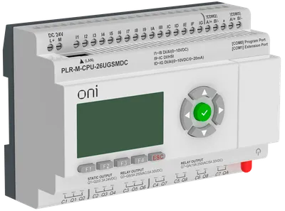 Модуль ЦПУ микро ПЛК ONI с возможностью расширения количества каналов ввода-вывода и коммуникаций с помощью модулей расширения ONI PLR-S. С интегрированным полнофункциональным экраном, 16 дискретными входами, из которых 4 можно использовать как аналоговые 0-20мА, 8 как аналоговые 0-10В и 4 как высокоскоростные счетчики до 60кГц, 2 транзисторными выходами с возможностью ШИМ/позиционирования до 10кГц и 8 релейными выходами. Архивация данных процесса при использовании стандартной SD карты. Интегрированы 2 интерфейса RS485 и 1 интерфейс Ethernet с поддержкой Modbus TCP/RTU/ASCII и MQTT протоколов. Поддержка 2G/4G/GSM сетей и отправки e-mail сообщений. Предназначен для управления автоматизированным оборудованием. Напряжение питания 24В DC.