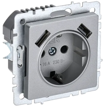 BRITE Socket 1gang grounded with protective shutters 16A with USB A+A 5V 3.1A RUSH10-2-BrA aluminum IEK