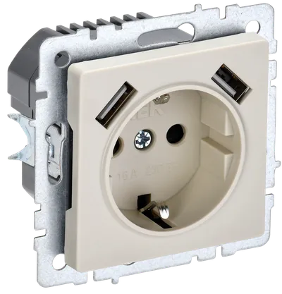 BRITE Socket outlet 1-gang with earthing with protective shutters 16A with USB A+A 5V 2.1A PYush10-1-BrKr beige IEK