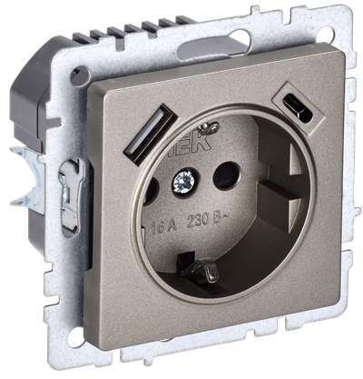 BRITE Розетка 1-местная с заземлением с защитными шторками 16А с USB A+C 18Вт РЮш11-1-БрШ шампань IEK