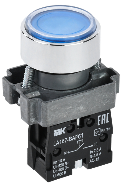 Кнопка управления LA167-BAF61 d=22мм 1NO синяя IEK