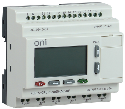 ONI programmable logic relay. Expandable version. With built-in screen. 12 discrete inputs, 6 relay outputs. Supply voltage 220V AC