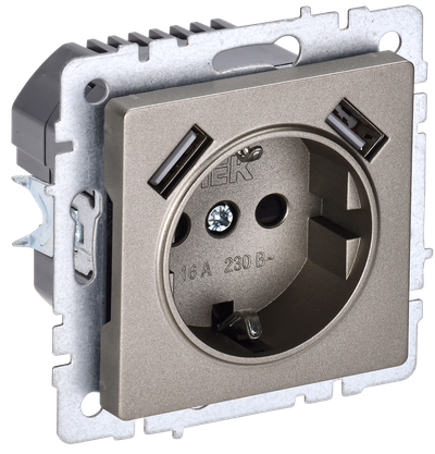 BRITE Розетка 1-местная с заземлением с защитными шторками 16А с USB A+A 5В 2,1А РЮш10-1-БрШ шампань IEK