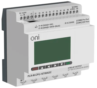 Модуль ЦПУ микро ПЛК ONI с возможностью расширения количества каналов ввода-вывода и коммуникаций с помощью модулей расширения ONI PLR-S. С интегрированным полнофункциональным экраном, 12 дискретными входами, 2 из которых можно использовать как аналоговые 0-20мА или 0-10В, 6 как аналоговые 0-10В и 4 как высокоскоростные счетчики до 60кГц, 6 транзисторными выходами. Архивация данных процесса при использовании стандартной SD карты. Интегрирован 1 интерфейс RS485 и 1 интерфейс Ethernet с поддержкой Modbus TCP/RTU/ASCII и MQTT протоколов. Предназначен для управления автоматизированным оборудованием. Напряжение питания 24В DC.