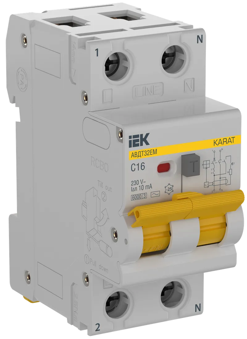 KARAT Автоматический выключатель дифференциального тока АВДТ32EM 1P+N C16 10мА тип AC IEK