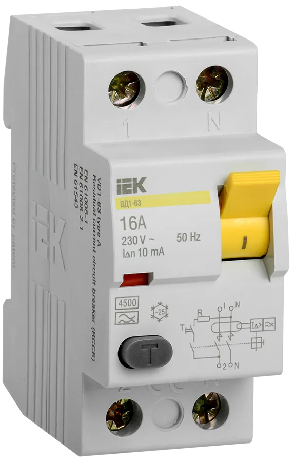 Выключатель дифференциальный (УЗО) ВД1-63 2Р 16А 10мА тип А IEK