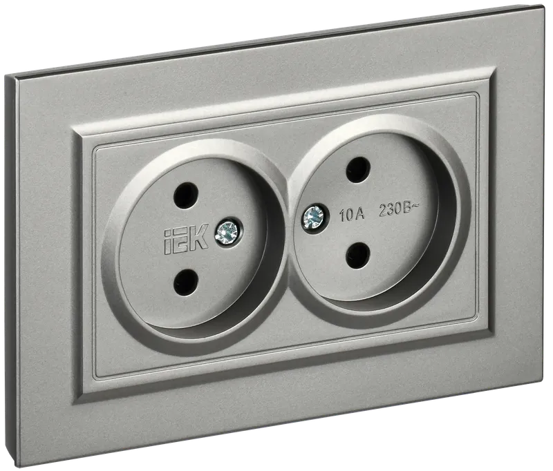 BRITE Socket 2-gang without earthing without protective shutters 10A, assembled RS12-2-BrS steel IEK