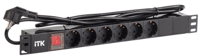 ITK PDU 6 розеток DIN49440 (нем. станд.) с LED выключателем, 1U, шнур 2м вилка DIN49441 (нем. станд.), профиль из ПВХ, черный