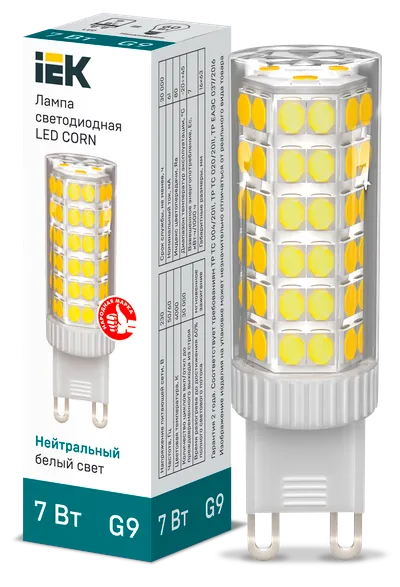 Светодиодная капсульная лампа LED CORN капсула 7Вт 230В 4000К керамика G9 IEK является заменой капсульных галогенных ламп соответствующего цоколя и используются как для основного освещения жилых и коммерческих помещений, так и для точечной и акцентной подсветки.