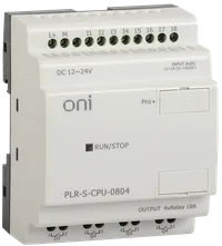 PLR-S logic relay. ONI series CPU module with 8 discrete input channels (4 of which can be used as analog input 0..10V DC) and 4 relay output channels (up to 10A). Built-in RTCs. Up to 64 program blocks. Supply voltage 12-24 V DC. Not extensible.