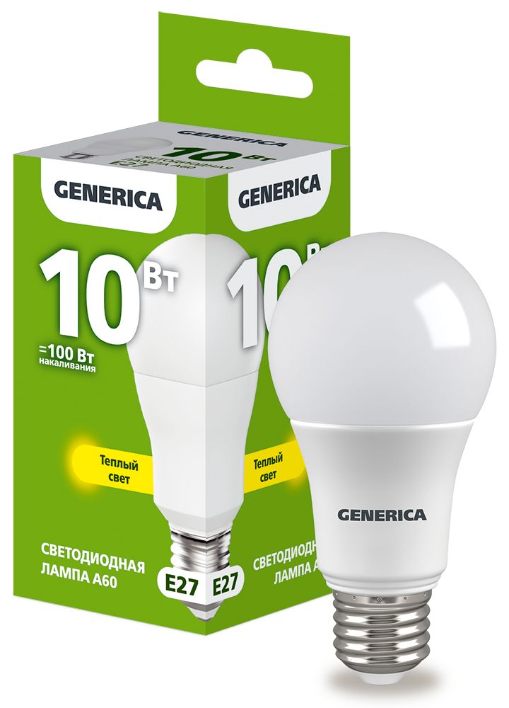 Лампа светодиодная A60 груша 10Вт 230В 3000К E27 GENERICA (LL-A60-10-230-30-E27-G)