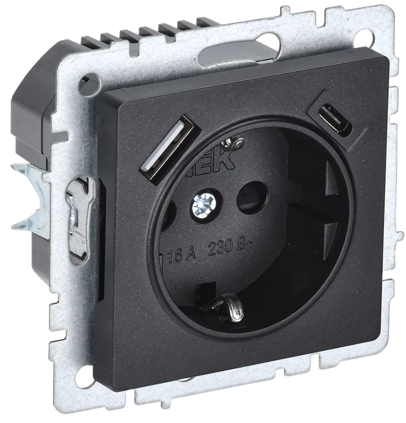 BRITE Socket outlet 1-gang grounded with protective shutters 16A with USB A+C 18W RUSH11-1-BRCH black IEK