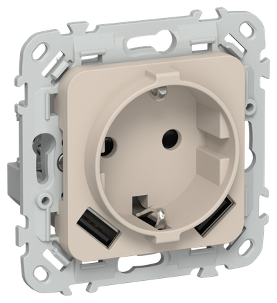 FLITE Розетка 1-местная с заземлением с защитными шторками 16А с USB A+A 3,1А безвинтовое крепление РСЮша11-1-ФлЛ льняной IEK