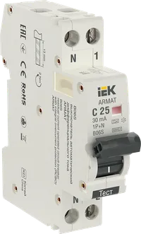 ARMAT Автоматический выключатель дифференциального тока B06S 1P+NP C25 30мА тип A (18мм) IEK