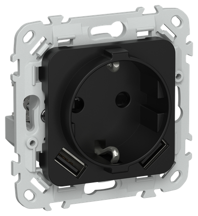 FLITE Розетка 1-местная с заземлением с защитными шторками 16А с USB A+A 3,1А РСЮша11-0-ФлЧ черный IEK
