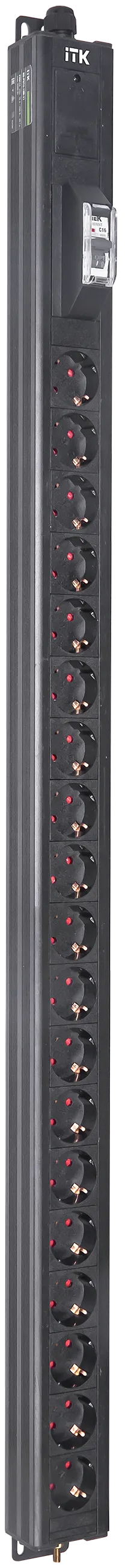 Вертикальный однотипный блок распределения питания PDU ITK включает в себя 19 розеток Schuko. PDU ITK изготавливается из высококачественных термостойких материалов и пластмасс, оснащается 2,6 метровым кабелем электропитания с вилкой Schuko. PDU ITK прекрасно справляется с задачей по электроснабжению сетевого оборудования в шкафах и стойках, а также с требованием защиты от токов короткого замыкания и перенапряжения. PDU ITK соответствует российским и международным стандартам качества и устанавливается с помощью кронштейнов, при этом положение кронштейнов можно менять, либо безынструментальным методом при помощи монтажных штифтов.
