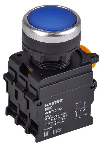 Кнопка с подсветкой d=22мм 1NO+1NC синяя MASTER IEK