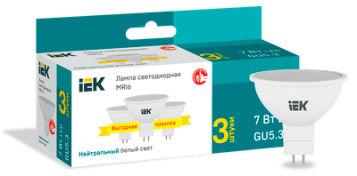 Лампа светодиодная MR16 софит 7Вт 230В 4000К GU5,3 (3шт/упак) IEK