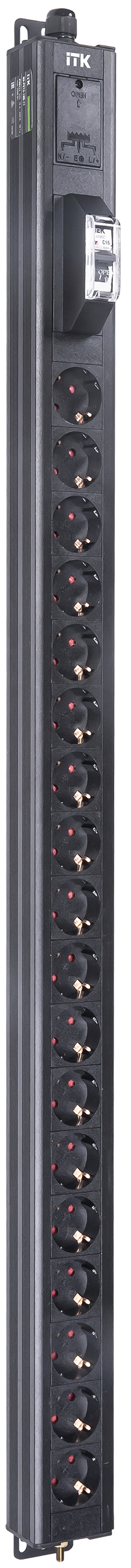 ITK BASE PDU вертикальный PV0111 24U 1 фаза 16А 18 розеток SCHUKO (немецкий стандарт) кабель 2,6м вилка SCHUKO (немецкий стандарт)
